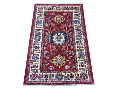 Kazak Tribal & Geometric hand-knotted wool rug in Red & Ivory, 2'6" x 4' — SKU O021356