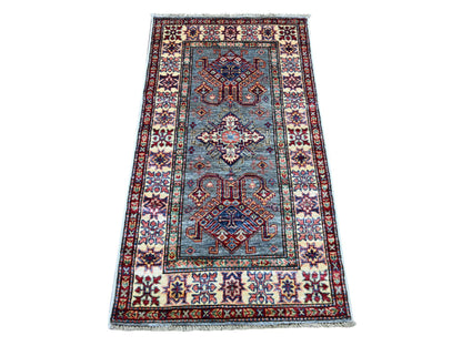 Kazak Tribal & Geometric hand-knotted wool runner in Gray & Ivory, 2'6" x 4'6" — SKU O021358