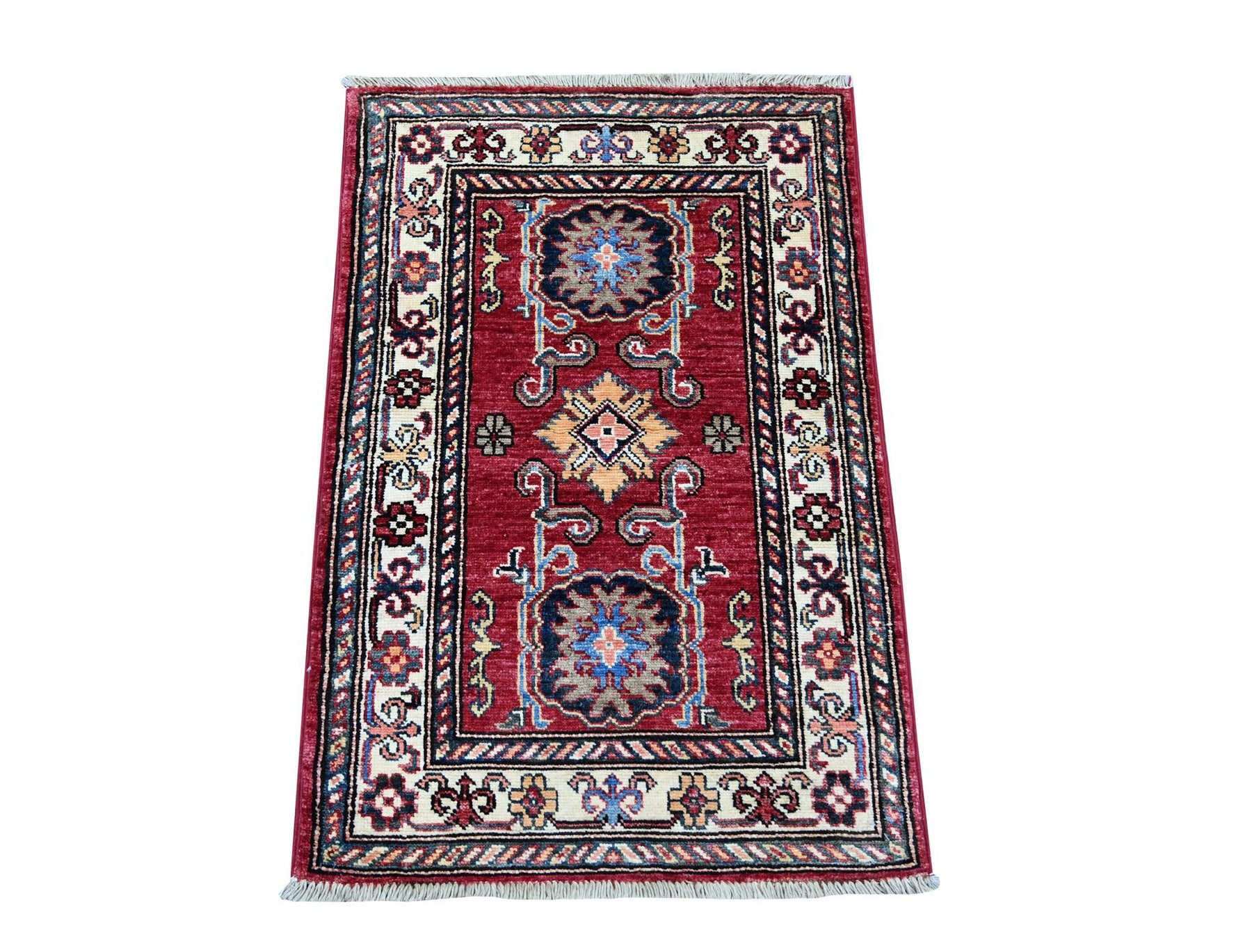 Kazak Tribal & Geometric hand-knotted wool rug in Red & Ivory, 1'11" x 2'11" — SKU O021359