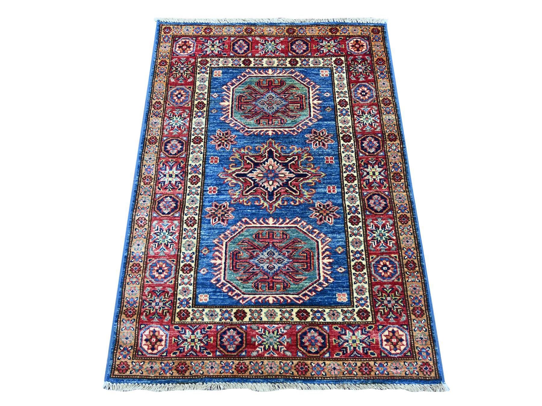 Kazak Tribal & Geometric hand-knotted wool rug in Blue & Red, 2'9" x 4' — SKU O021361