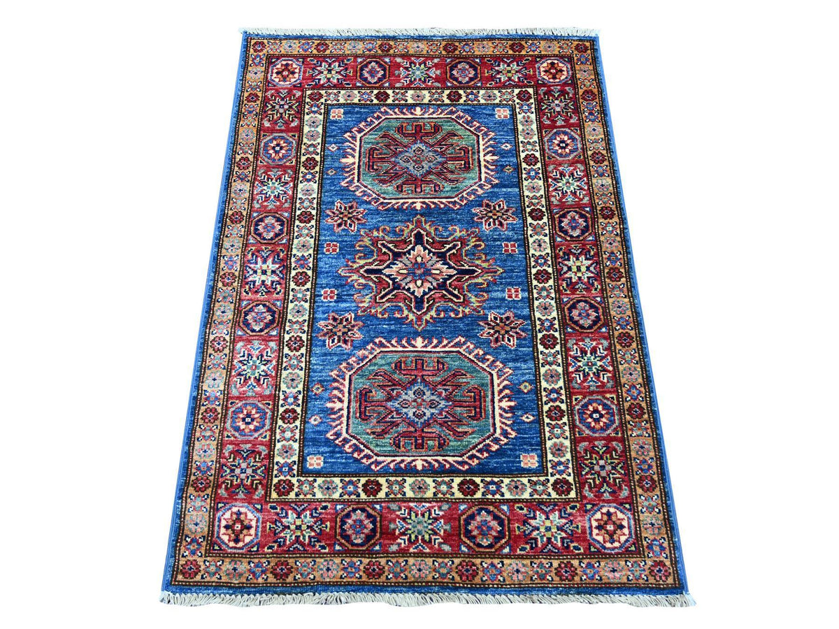 Kazak Tribal & Geometric hand-knotted wool rug in Blue & Red, 2'9" x 4' — SKU O021361
