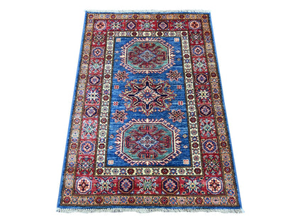 Kazak Tribal & Geometric hand-knotted wool rug in Blue & Red, 2'9" x 4' — SKU O021361