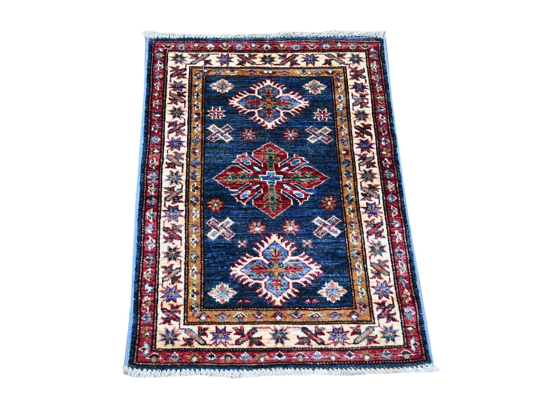 Kazak Tribal & Geometric hand-knotted wool rug in Blue & Ivory, 2' x 2'8" — SKU O021362