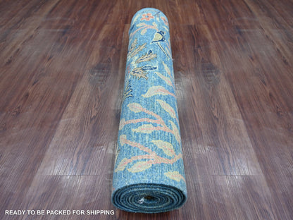Blue 2'8" x 11'8" Oushak And Peshawar Hand knotted Wool Rug - Sku: O021371