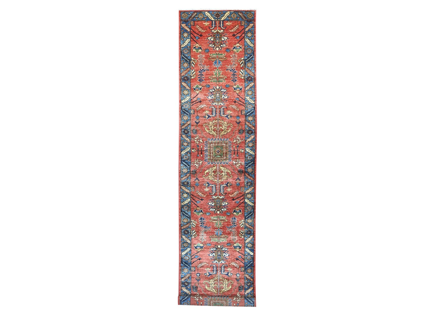 Heriz Tribal & Geometric hand-knotted wool runner in Red & Blue, 3'2" x 15'6" — SKU O021374