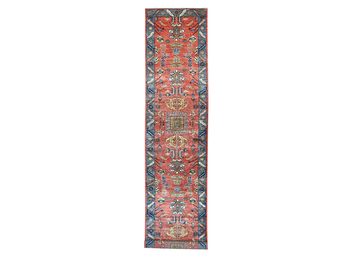 Heriz Tribal & Geometric hand-knotted wool runner in Red & Blue, 3'2" x 15'6" — SKU O021374