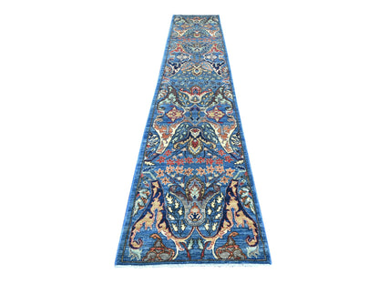 Blue 2'8" x 14'3" Tribal & Geometric Hand knotted Wool Rug - Sku: O021375