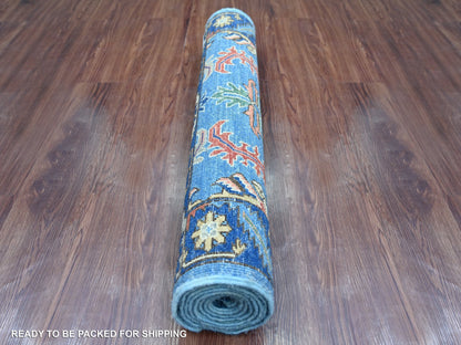 Blue 3'1" x 7'8" Tribal & Geometric Hand knotted Wool Rug - Sku: O021377