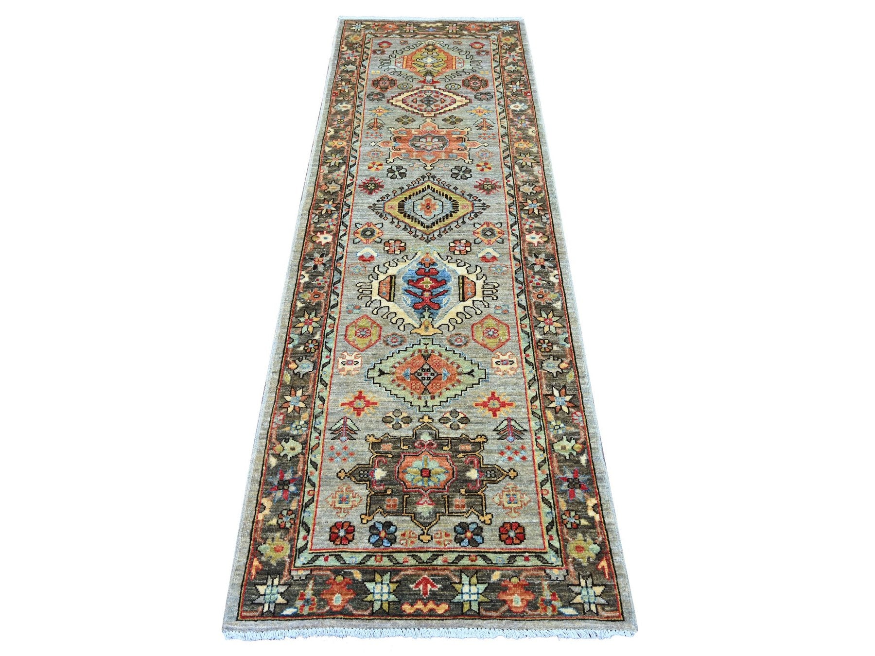 Peshawar Tribal & Geometric hand-knotted wool runner in Gray & Brown, 2'7" x 7'11" — SKU O021378