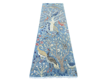 Blue 2'6" x 8'1" Oushak And Peshawar Hand knotted Wool Rug - Sku: O021385