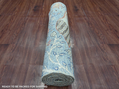 Blue 2'6" x 8'1" Oushak And Peshawar Hand knotted Wool Rug - Sku: O021385