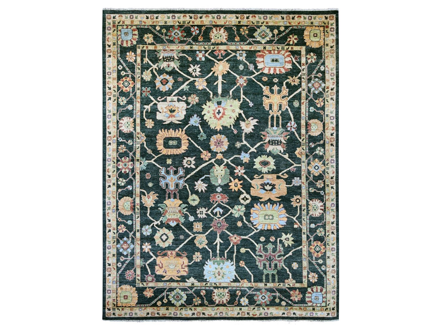 Green 8'11" x 11'9" Oushak And Peshawar Hand knotted Wool Rug - Sku: O021398