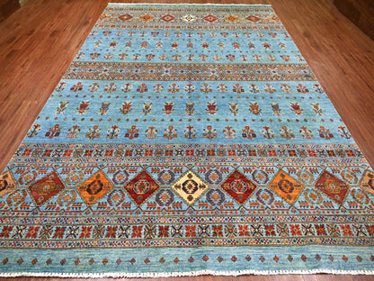 Blue 8'8" x 12'1" Tribal & Geometric Hand knotted Wool Rug - Sku: O021399