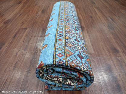 Blue 8'8" x 12'1" Tribal & Geometric Hand knotted Wool Rug - Sku: O021399