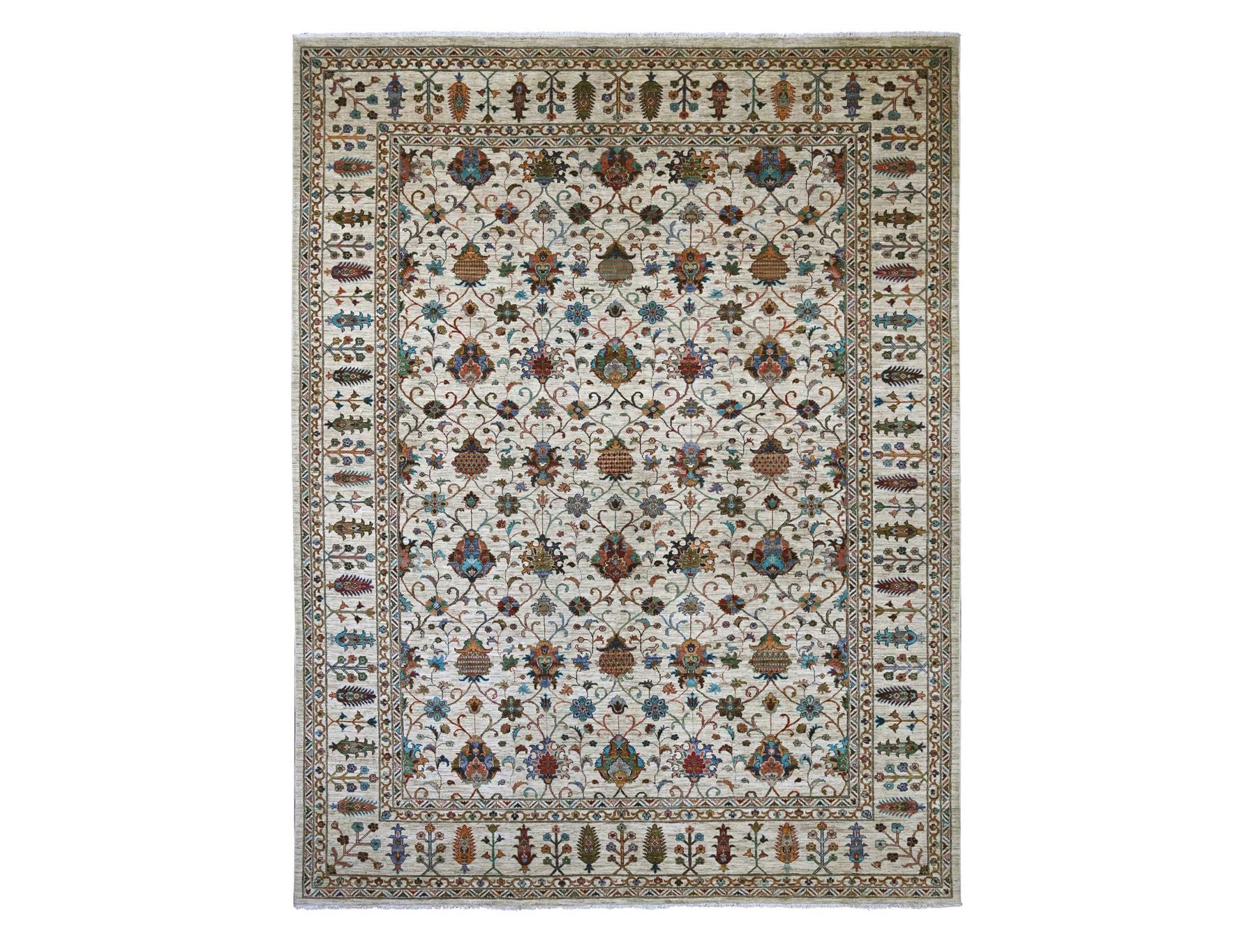 Ivory 10'7" x 13'7" Tribal & Geometric Hand knotted Wool Rug - Sku: O021402