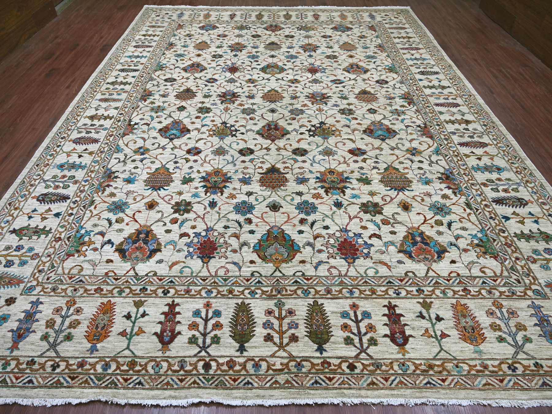 Ivory 10'7" x 13'7" Tribal & Geometric Hand knotted Wool Rug - Sku: O021402