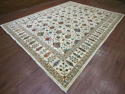 Ivory 10'7" x 13'7" Tribal & Geometric Hand knotted Wool Rug - Sku: O021402