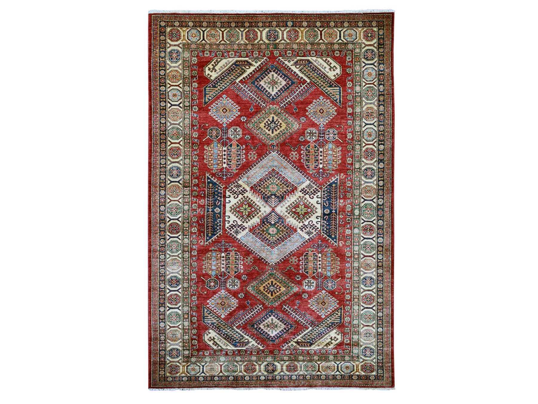 Kazak Tribal & Geometric hand-knotted wool rug in Red & Ivory, 5'10" x 9' — SKU O021407