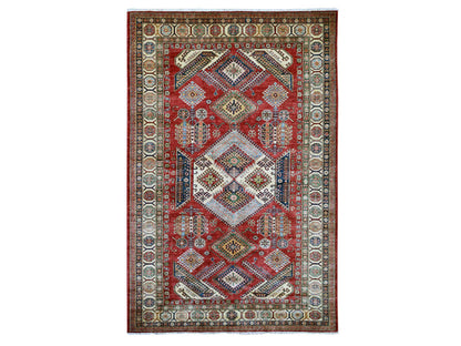 Kazak Tribal & Geometric hand-knotted wool rug in Red & Ivory, 5'10" x 9' — SKU O021407