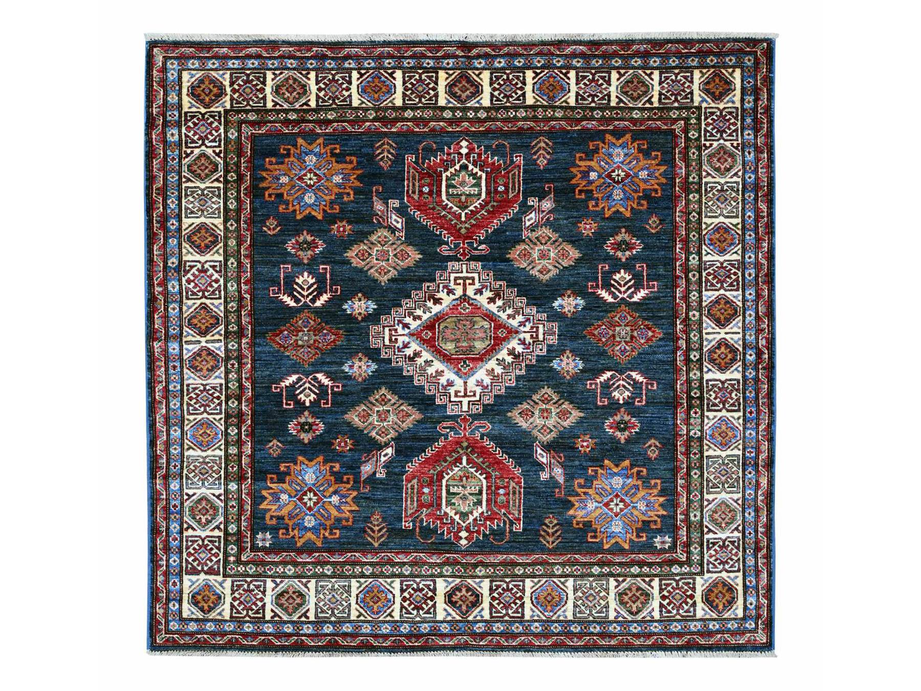 Blue 5'8" x 5'11" Tribal & Geometric Hand knotted Wool Rug - Sku: O021408