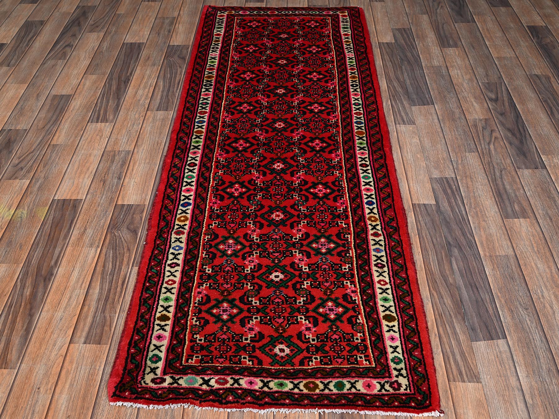 Tribal & Geometric hand-knotted wool runner in Red & Ivory, 2'5" x 6'5" — SKU O02140 (view 2)