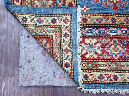 Kazak Tribal & Geometric hand-knotted wool rug in Blue & Red, 6'2" x 8'10" — SKU O021410 (view 2)