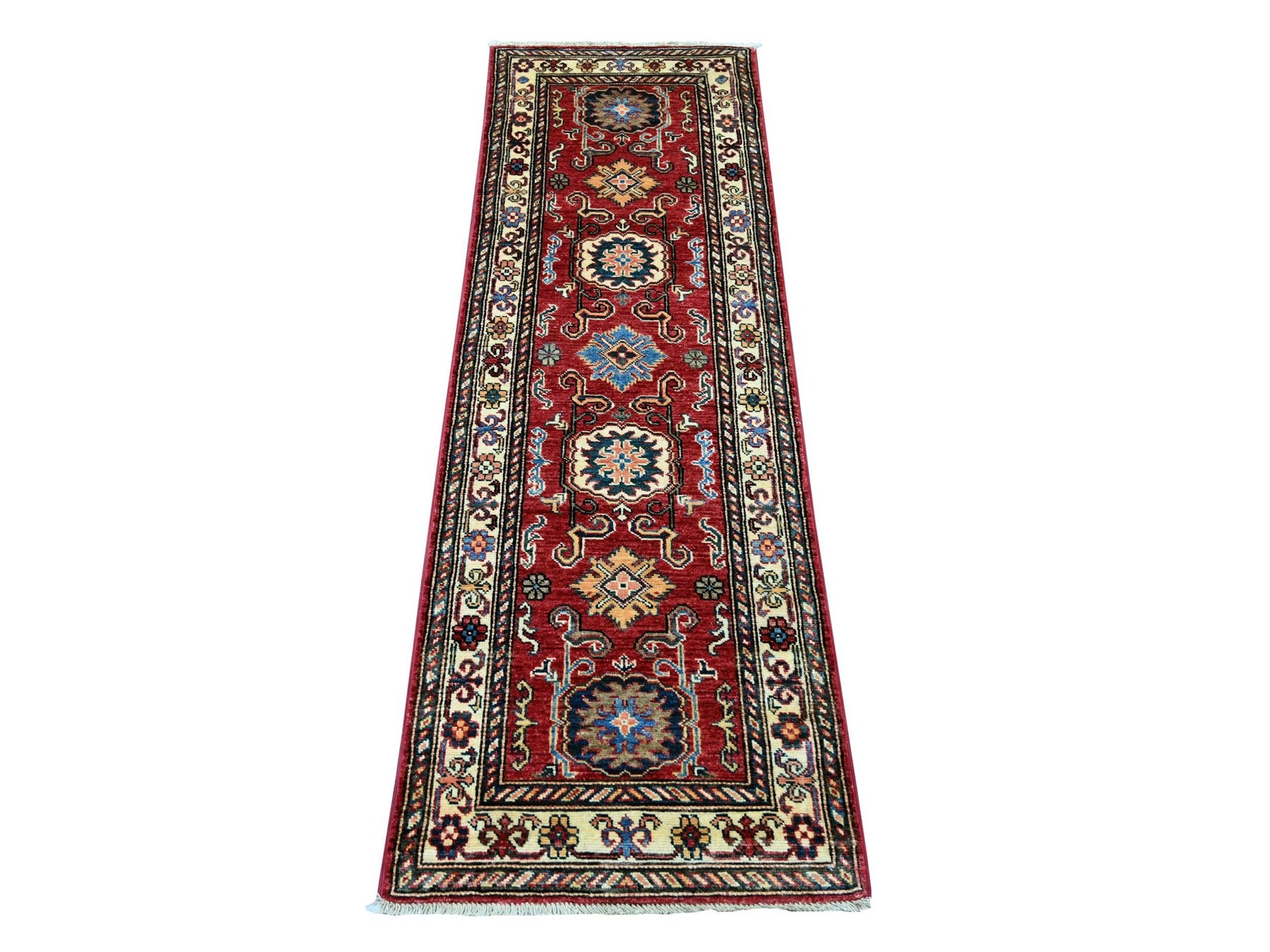 Kazak Tribal & Geometric hand-knotted wool runner in Red & Ivory, 2' x 6' — SKU O021411