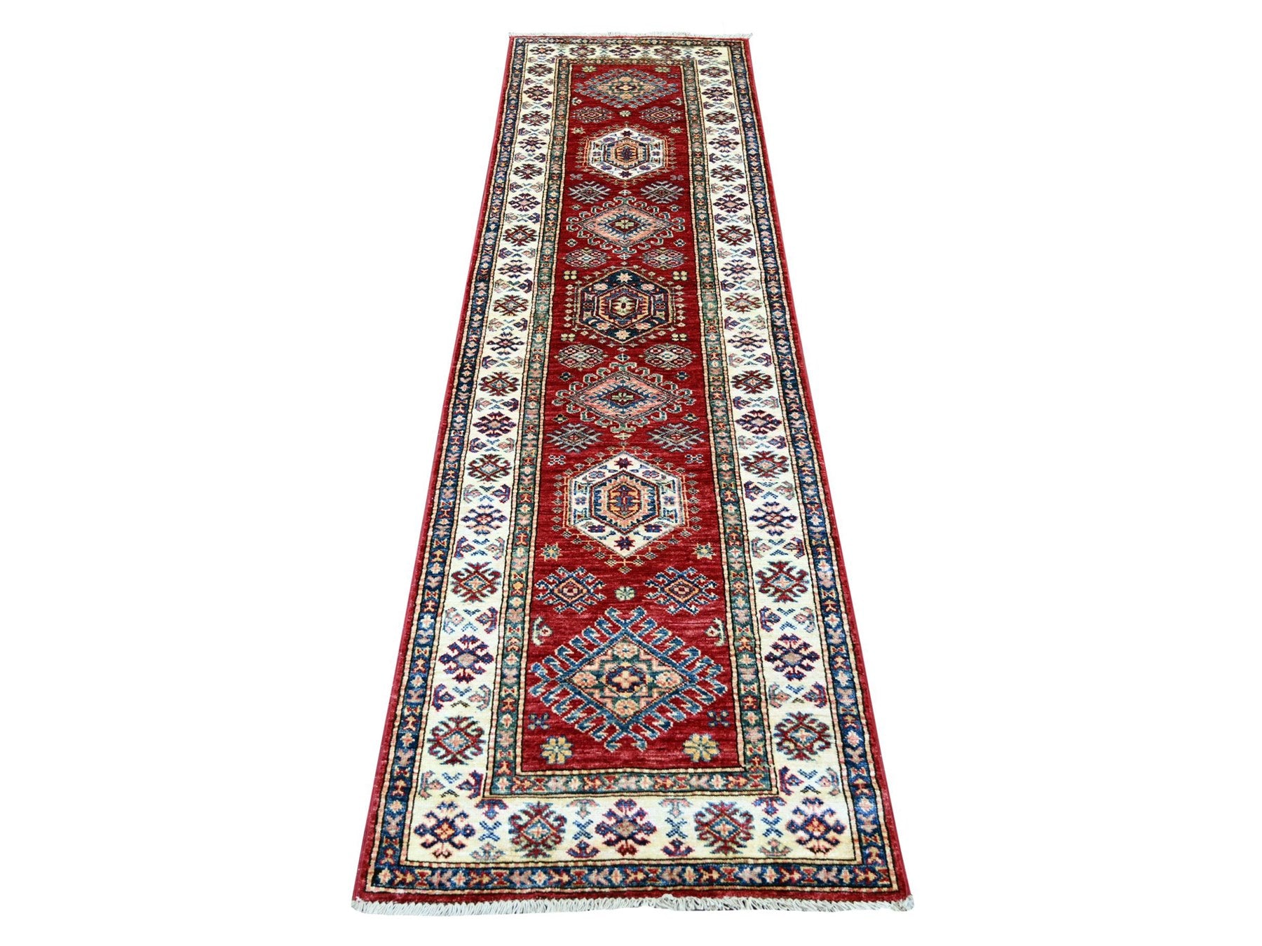 Kazak Tribal & Geometric hand-knotted wool runner in Red & Ivory, 2'5" x 8'2" — SKU O021416