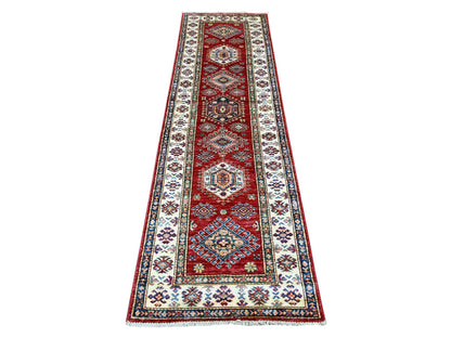 Kazak Tribal & Geometric hand-knotted wool runner in Red & Ivory, 2'5" x 8'2" — SKU O021416