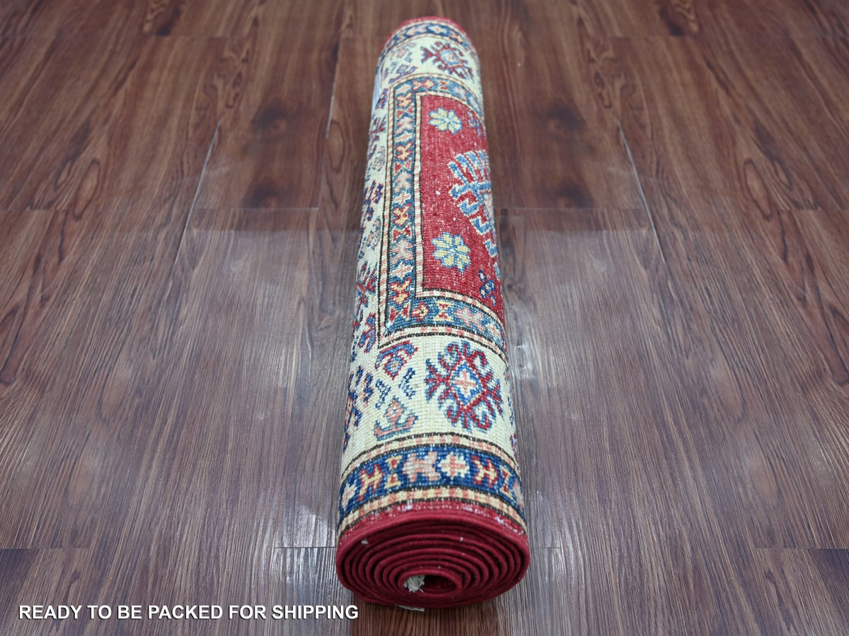 Kazak Tribal & Geometric hand-knotted wool runner in Red & Ivory, 2'5" x 8'2" — SKU O021416 (view 4)