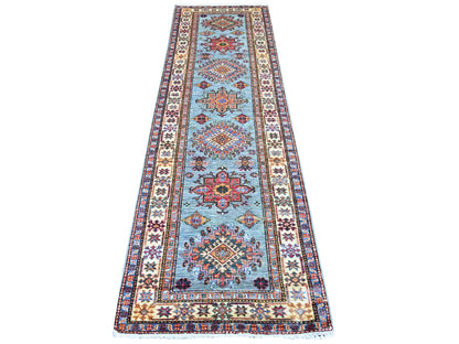 Blue 2'7" x 8'6" Tribal & Geometric Hand knotted Wool Rug - Sku: O021425