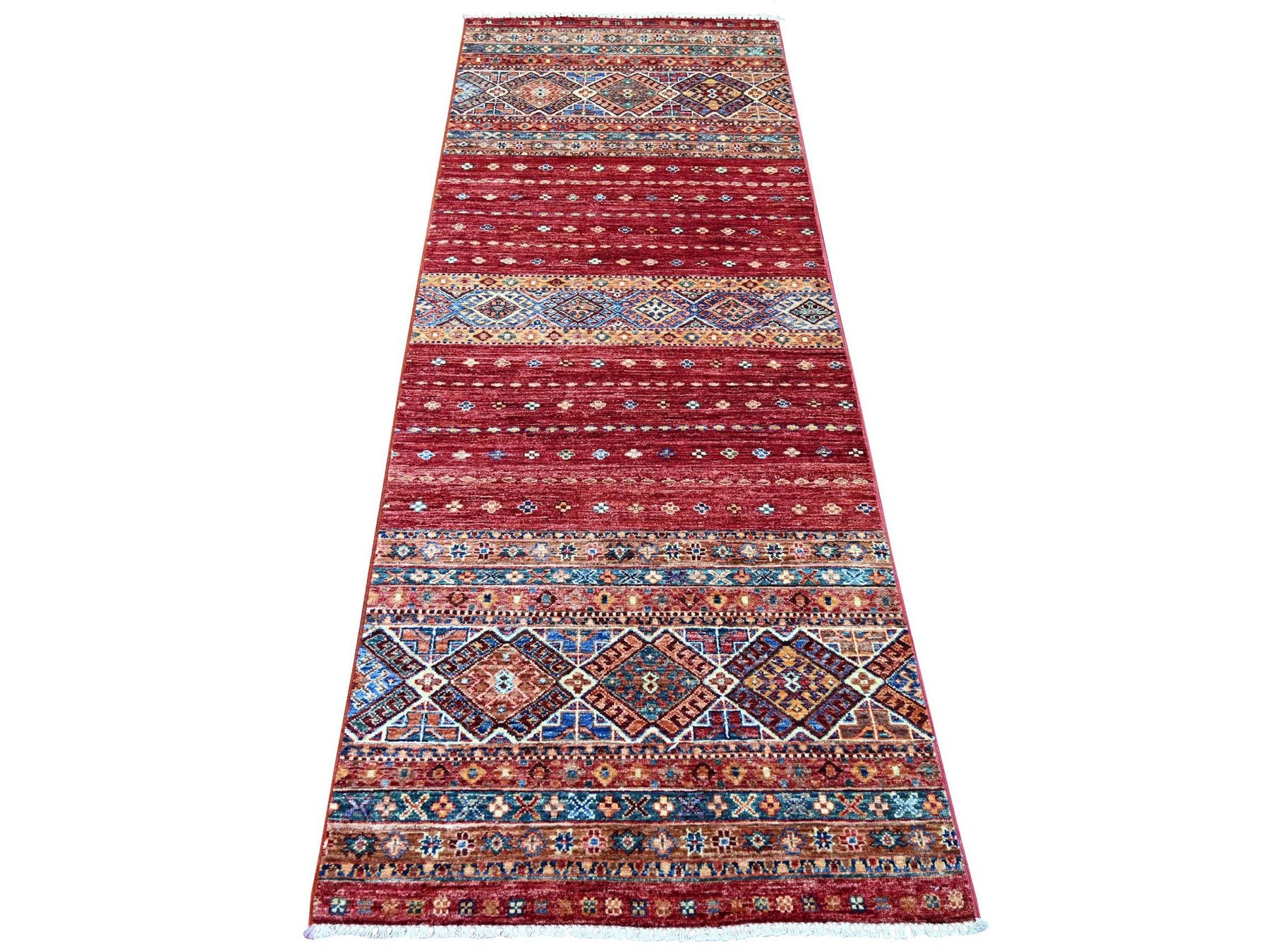 Kazak Tribal & Geometric hand-knotted wool runner in Red, 2'10" x 8' — SKU O021427