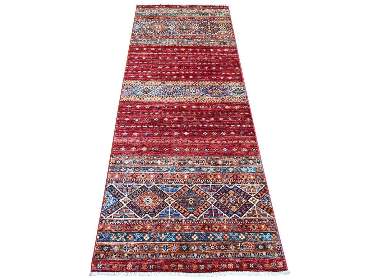 Kazak Tribal & Geometric hand-knotted wool runner in Red, 2'10" x 8' — SKU O021427