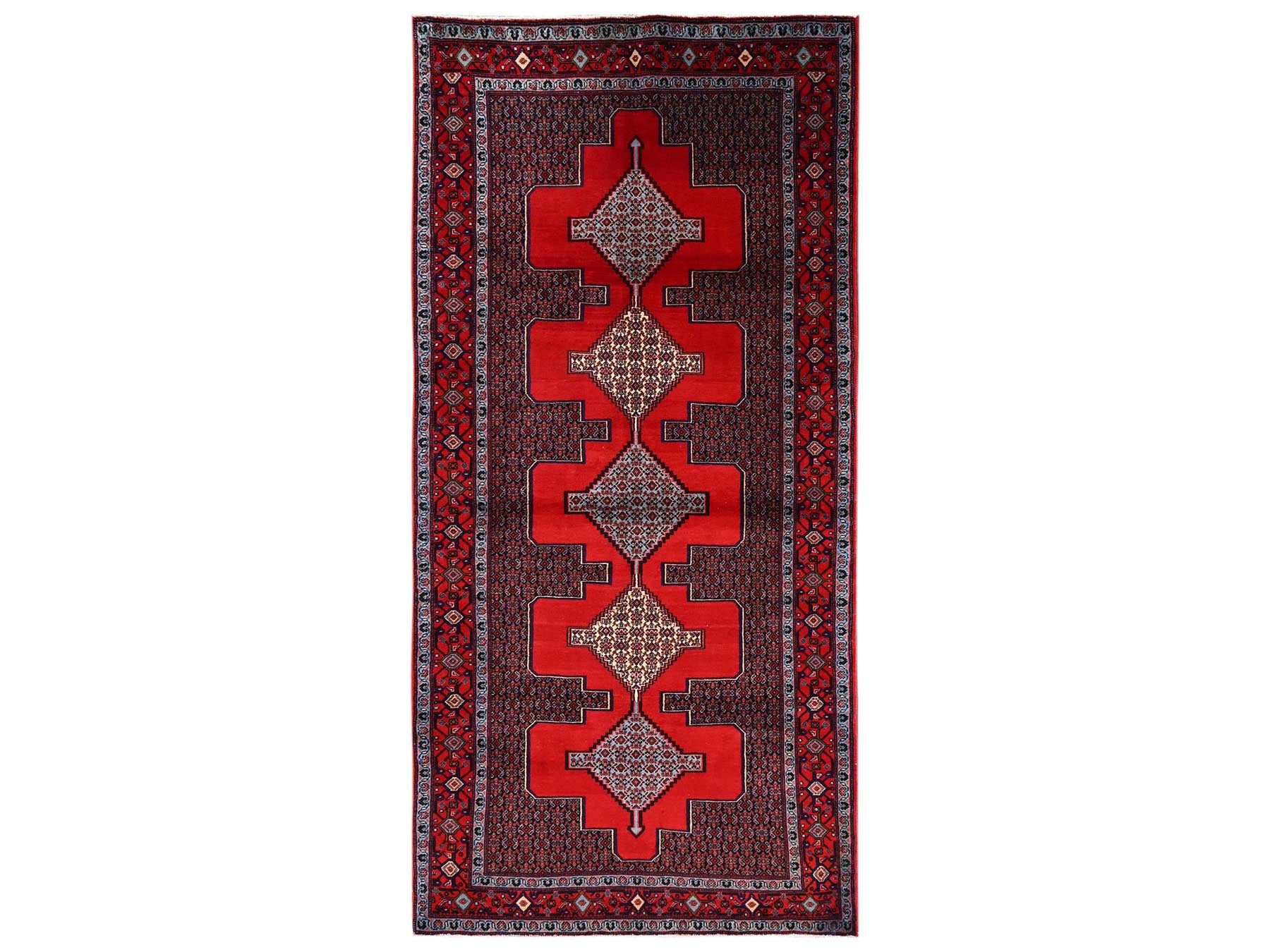 Senneh Tribal & Geometric hand-knotted wool runner in Red, 3'10" x 8'5" — SKU O02142