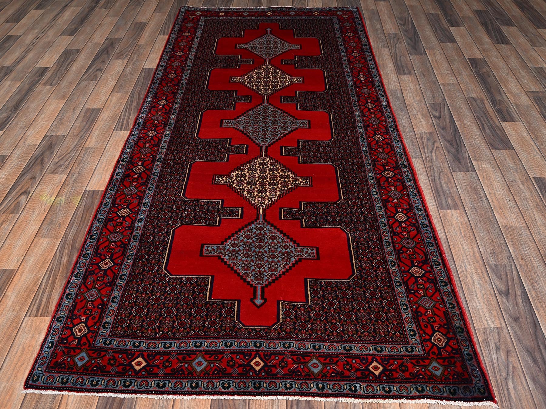 Senneh Tribal & Geometric hand-knotted wool runner in Red, 3'10" x 8'5" — SKU O02142 (view 2)