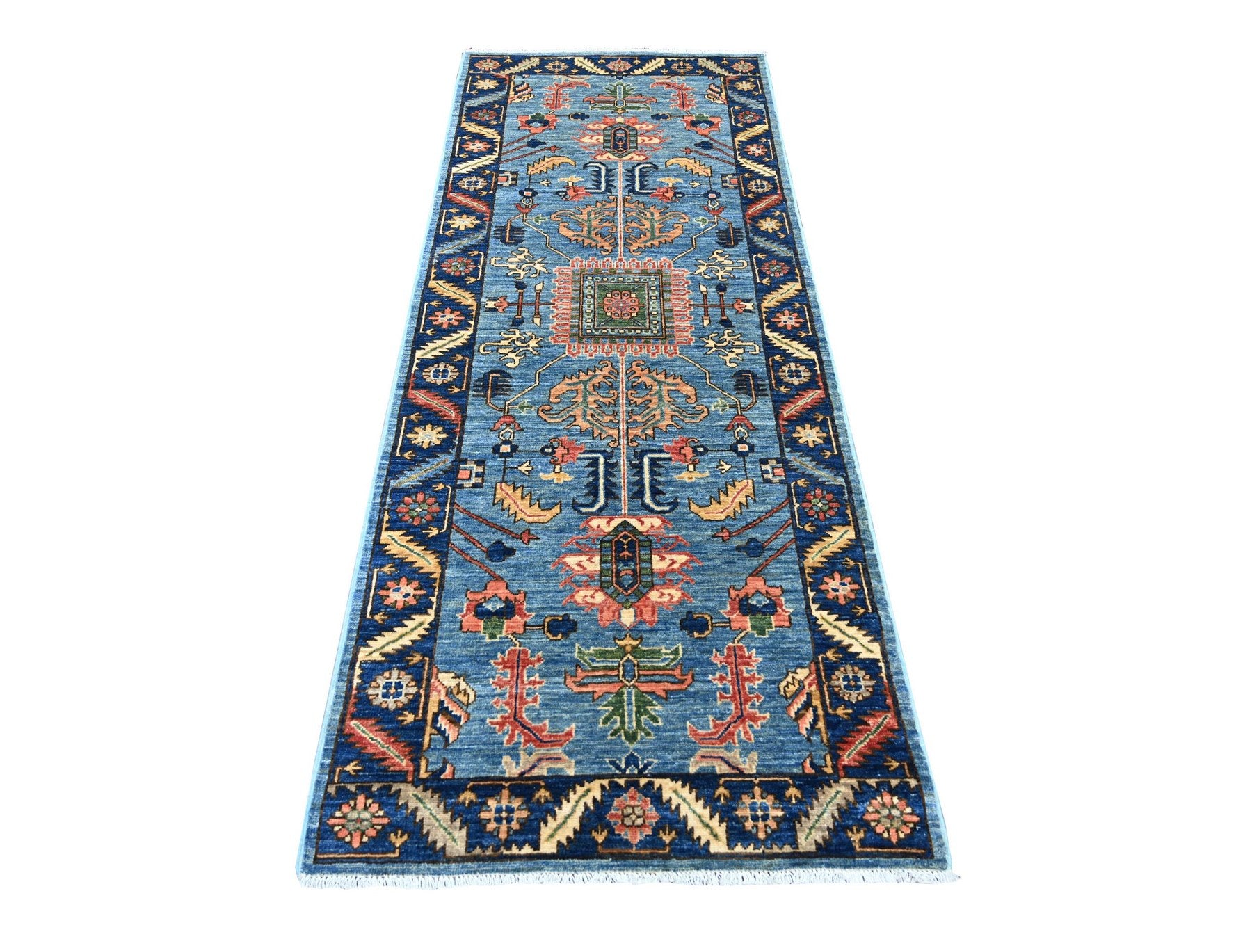 Blue 3'0" x 7'9" Tribal & Geometric Hand knotted Wool Rug - Sku: O021431
