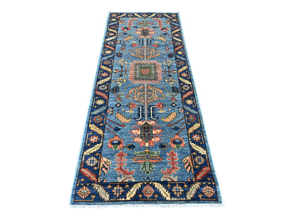 Blue 3'0" x 7'9" Tribal & Geometric Hand knotted Wool Rug - Sku: O021431