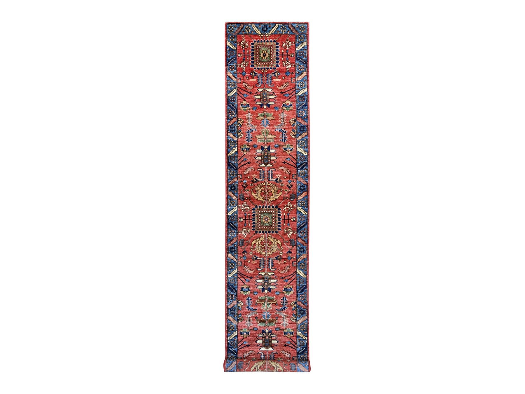 Heriz Tribal & Geometric hand-knotted wool runner in Red & Blue, 3' x 17'5" — SKU O021434
