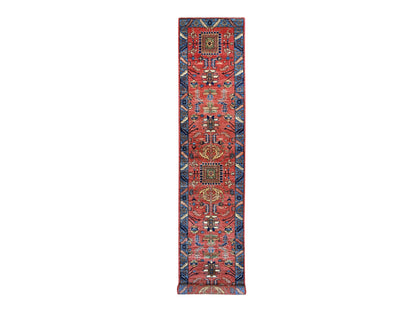 Heriz Tribal & Geometric hand-knotted wool runner in Red & Blue, 3' x 17'5" — SKU O021434