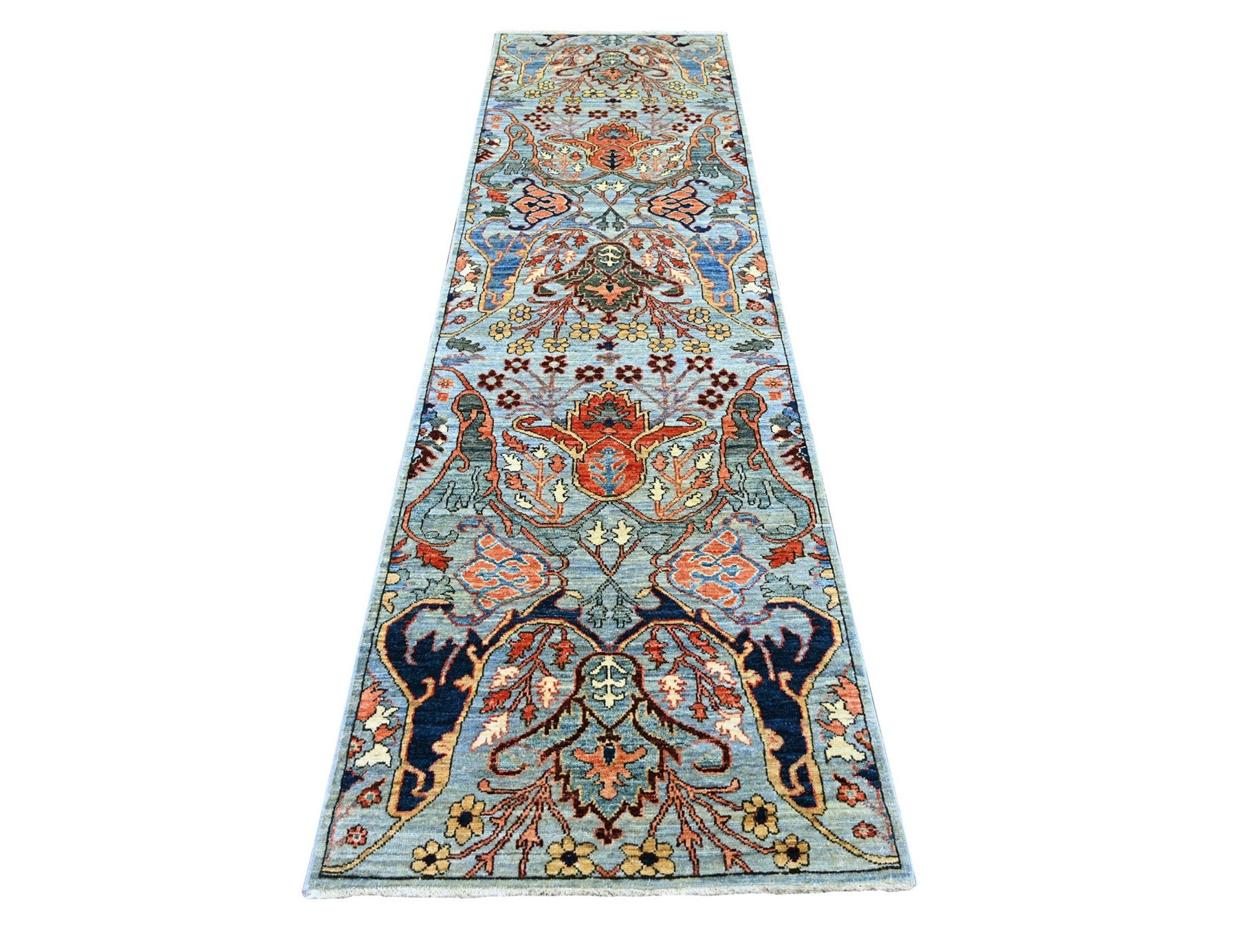 Tribal & Geometric hand-knotted wool runner in Blue, 2'9" x 9'11" — SKU O021437