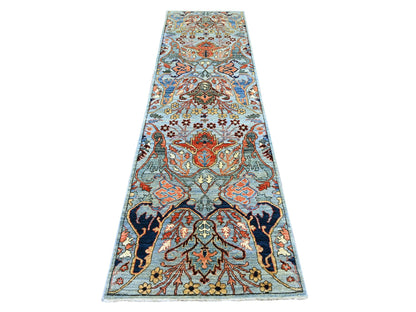 Tribal & Geometric hand-knotted wool runner in Blue, 2'9" x 9'11" — SKU O021437