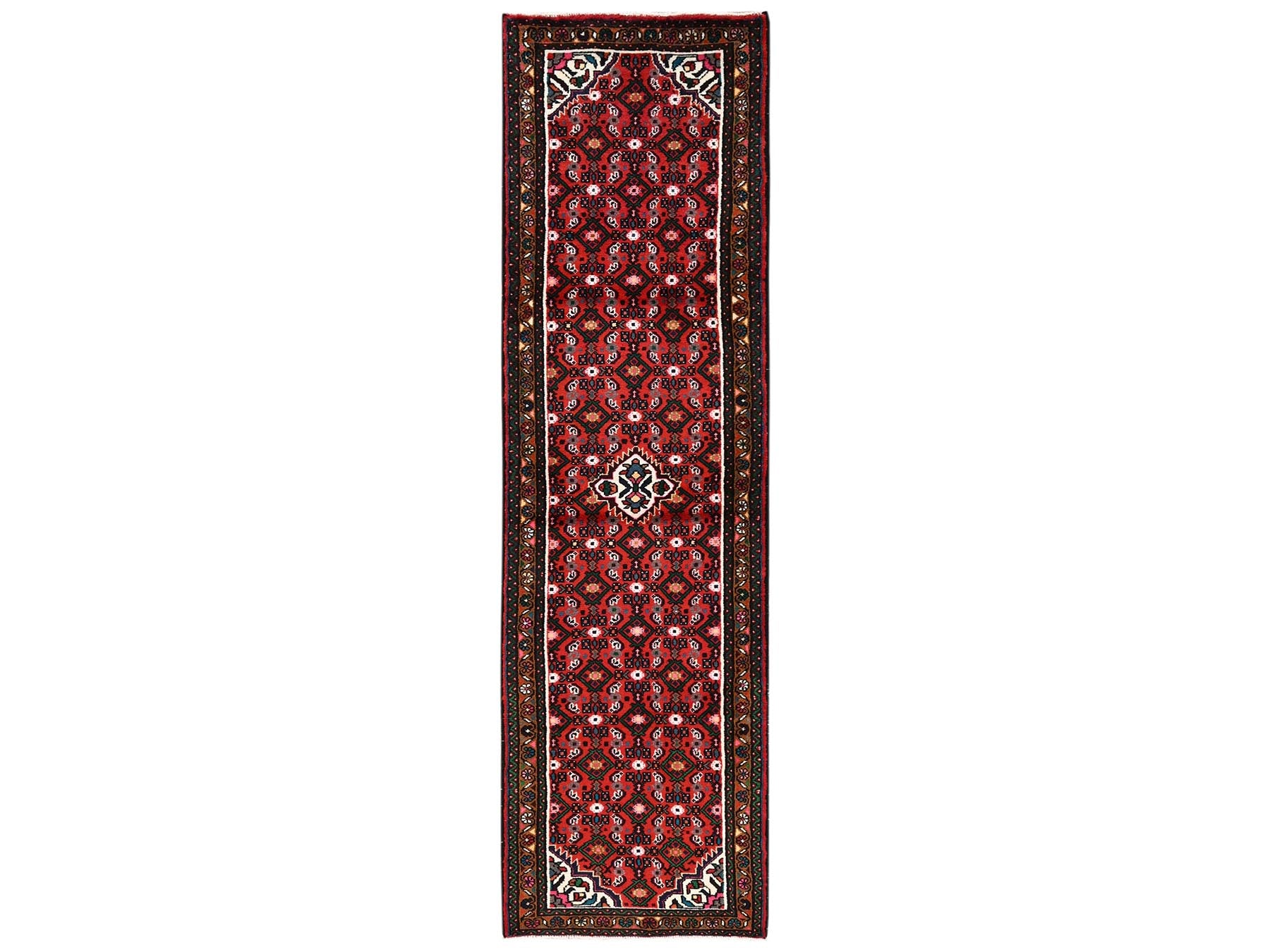 Tribal & Geometric hand-knotted wool runner in Red & Dark Green, 2'6" x 9'4" — SKU O02143