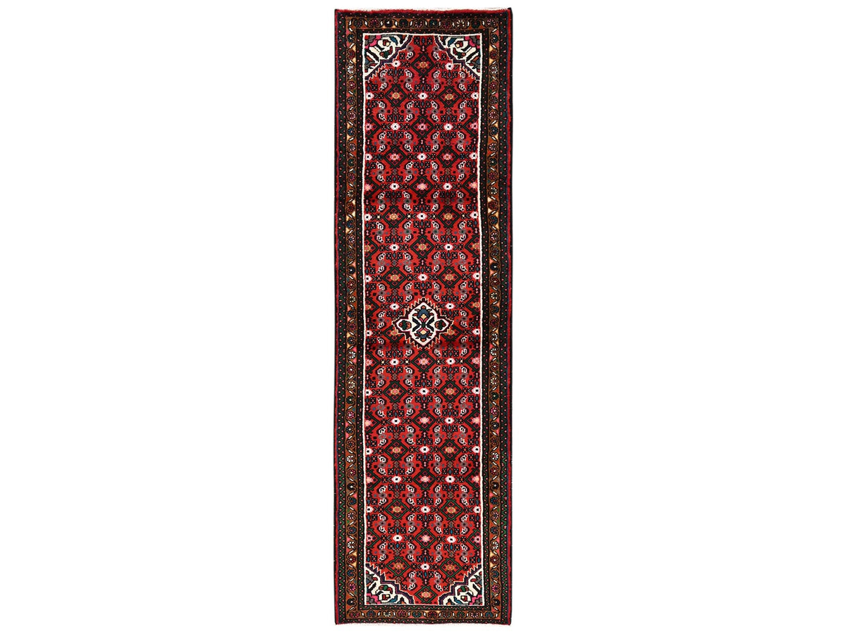 Tribal & Geometric hand-knotted wool runner in Red & Dark Green, 2'6" x 9'4" — SKU O02143