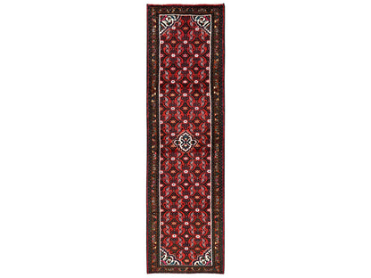 Tribal & Geometric hand-knotted wool runner in Red & Dark Green, 2'6" x 9'4" — SKU O02143
