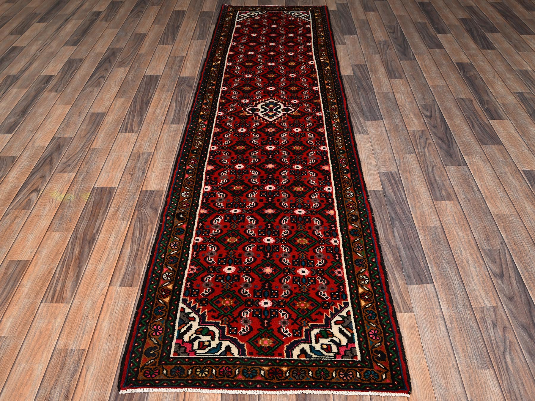 Tribal & Geometric hand-knotted wool runner in Red & Dark Green, 2'6" x 9'4" — SKU O02143 (view 2)