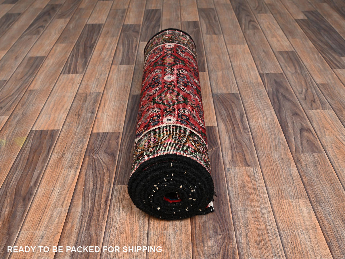 Tribal & Geometric hand-knotted wool runner in Red & Dark Green, 2'6" x 9'4" — SKU O02143 (view 5)