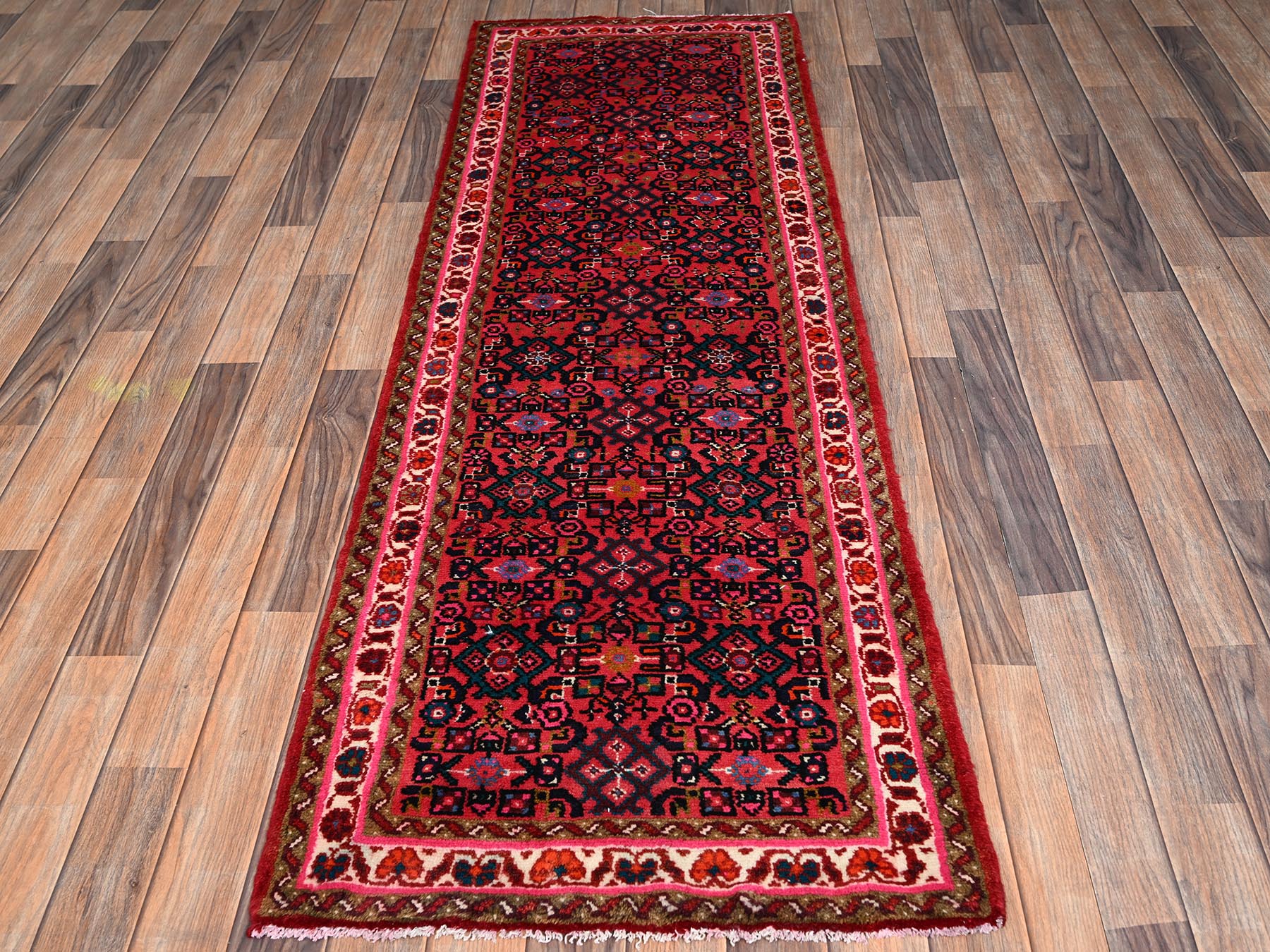 Tribal & Geometric hand-knotted wool runner in Red & Ivory, 2'4" x 7' — SKU O02144 (view 2)