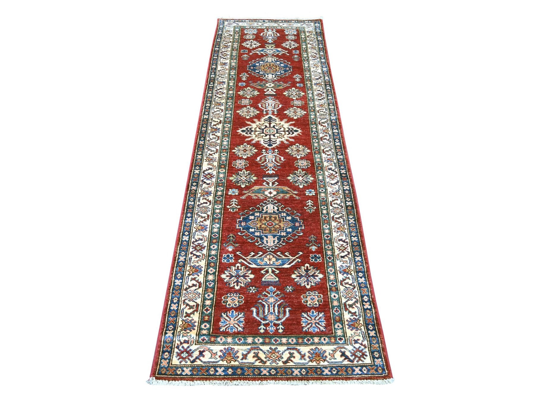 Kazak Tribal & Geometric hand-knotted wool runner in Red & Ivory, 2'6" x 8'1" — SKU O021450