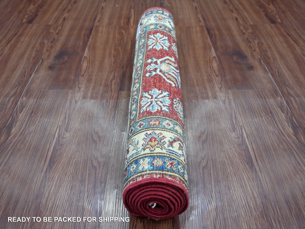 Kazak Tribal & Geometric hand-knotted wool runner in Red & Ivory, 2'6" x 8'1" — SKU O021450 (view 4)