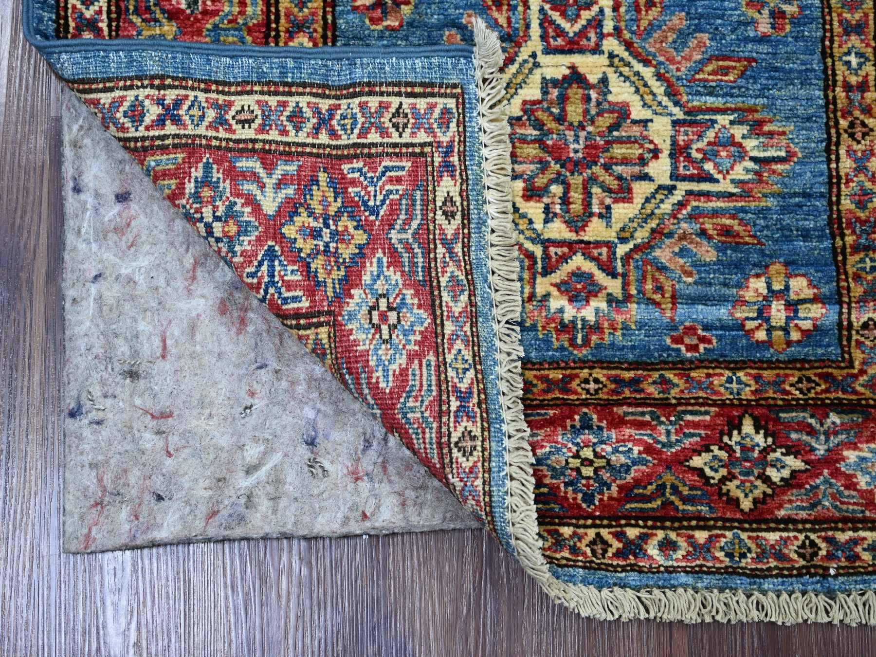 Kazak Tribal & Geometric hand-knotted wool runner in Blue & Red, 2'7" x 8' — SKU O021452 (view 2)